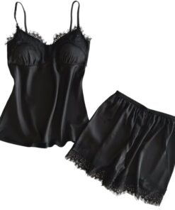 Conjunto de pijama para mujer, ropa de dormir de dos piezas sin relleno con encaje, diseño sedoso sin mangas