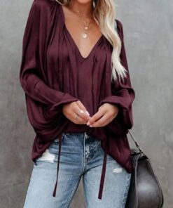 Camisa de manga larga para mujer, talla grande, 1XL-5XL, cuello en V, con cordón, informal, de manga larga