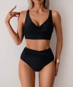 Conjunto de bikini de cintura alta para mujer, estilo retro, con control de abdomen, tirantes anchos, nudo frontal y lazo en la espalda