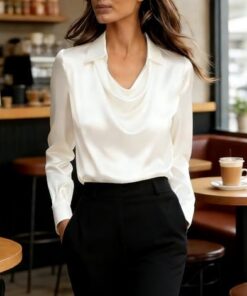 Elegante camisa de satén de color sólido para mujer con diseño de cuello en V, ajuste holgado y mangas largas, para ocasiones informales y formales