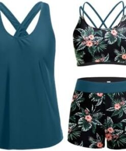 Conjunto de traje de baño tankini de 3 piezas para mujer, control de abdomen con brasier y pantalones cortos para adolescentes