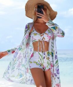 Conjunto de bikini floral de 3 piezas para mujer, parte superior con cordón, pantalones cortos y kimono para usar en la playa y la piscina