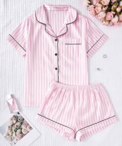 Conjunto de pijama de seda para mujer, ropa de dormir suave y cómoda de color rosa a rayas, pantalones cortos de noche, Rosa, M