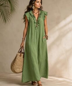 Vestido largo bohemio para mujer, trajes de verano para vacaciones en la playa, vestido largo casual suelto con bolsillos y manga casquillo con volantes
