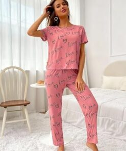 Conjunto de pijama de manga corta y pantalones largos con estampado de corazón para mujer, suave, transpirable, ropa de dormir para el hogar