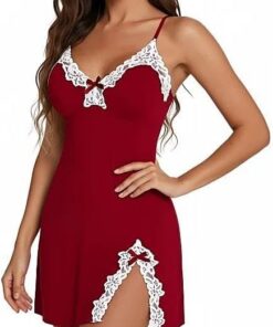 Lencería sexy para mujer, camisón de encaje con abertura lateral, ropa de dormir con cuello en V, babydoll dividido, camisones