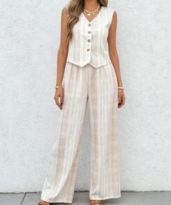 Conjunto de 2 piezas a rayas sin mangas con cuello en V y pantalones de pierna ancha de cintura alta para verano casual