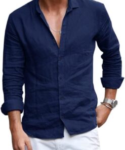 Camisa de lino y algodón con botones para hombre, manga larga, cuello abierto, ligera, para la playa
