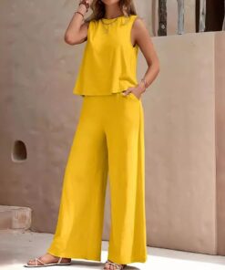 Conjunto de 2 piezas para mujer, camiseta sin mangas de cuello redondo y pantalones de pierna ancha, atuendo casual de verano para el día a día, viajes o fiestas, Amarillo, Large