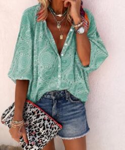 Camisa de manga 3/4 con estampado floral étnico bohemio para mujer, estilo informal, cuello redondo