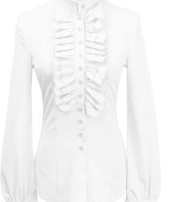 YILEEGOO Camisas vintage victorianas con botones para mujer, cuello alto, volantes, góticas, retro, manga acampanada
