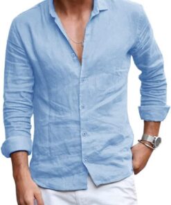 Camisa de lino y algodón con botones para hombre, manga larga, cuello abierto, ligera, para la playa