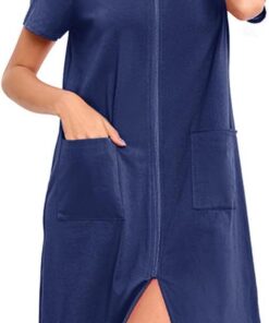 Vestido de casa con cremallera frontal para mujer, vestido casual con bolsillos, manga corta, cremallera, ropa de dormir de maternidad y lactancia