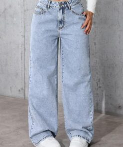 Pantalones vaqueros de cintura alta y pierna ancha para mujer, elásticos, holgados, casuales, holgados, con bolsillos