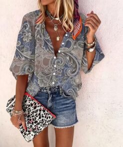 Camisa de manga 3/4 con estampado floral étnico bohemio para mujer, estilo informal, cuello redondo