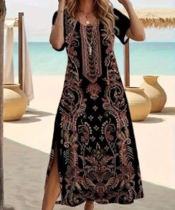 Vestido largo de manga corta para mujer, cuello redondo, casual, para vacaciones en la playa, ligero para el verano
