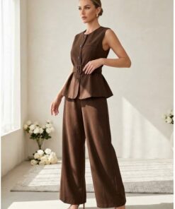 Conjunto de dos piezas para mujer, de verano, a la moda, con botones, cuello en V, chaleco corto y pantalones de pierna ancha, conjunto a juego