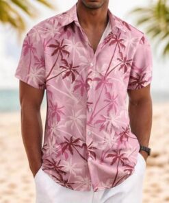 Camisa hawaiana de manga corta con estampado de palmeras tropicales para hombre, camisa casual ligera con botones