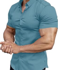Camisa de vestir para hombre de corte atlético ajustado, realza la musculatura, manga corta, elástica, estilo informal, con botones