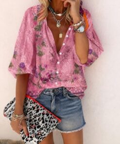 Camisa de manga 3/4 con estampado floral étnico bohemio para mujer, estilo informal, cuello redondo