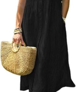 Vestido camisero a rayas con solapa y botones y bolsillos funcionales, vestido largo casual de verano
