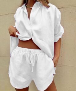 Conjunto de 2 piezas para mujer, conjunto de pantalones cortos de lino para mujer, conjunto casual de verano con botones y pantalones cortos