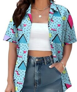 Camisa hawaiana de los años 80 y 90 para mujer, estilo retro, fiesta, discoteca, neón, ropa de los años 80, blusas con botones
