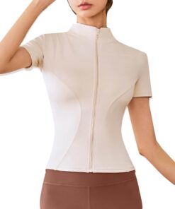 Generisch Chaqueta de yoga de manga corta de manga corta con cuello alto abrigo deportivo ajustado cárdigan de manga corta para mujer