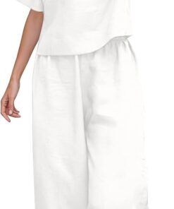 Conjunto de 2 piezas para mujer, algodón y lino, manga corta, cuello redondo, pantalones de pierna ancha, ropa ligera para verano, playa, vacaciones
