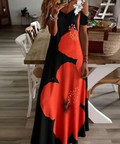 Vestido largo de verano con estampado floral y hombros descubiertos y cuello en V para mujer