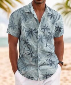 Camisa hawaiana de manga corta con estampado de palmeras tropicales para hombre, camisa casual ligera con botones