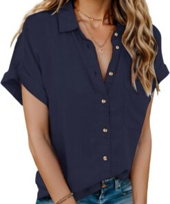 Hotouch Camisas de Mujer Camisas Casuales de Manga Corta Camisas Elegantes con Cuello en V Camisas Básicas de Color Sólido Camisas de Trabajo Tops Sueltos con Bolsillos S-XXL