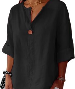 Camisas de lino para mujer, manga 3/4, botones, cuello en V, blusas informales, cómodas y transpirables, camisetas de trabajo de verano