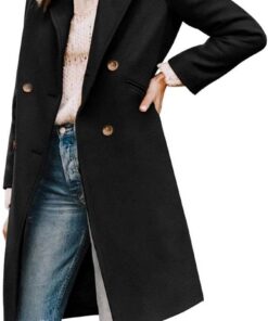 Cicy Bell Abrigo de invierno con cuello de solapa con muescas y doble botonadura para mujer, mezcla de lana, abrigos largos