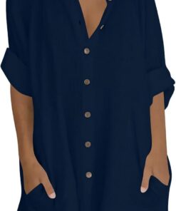 Camisas largas de manga 3/4 para mujer, estilo casual, holgadas, con botones, cuello alto, túnica con bolsillo, blusa ligera de lino y algodón para verano, para playa, tallas grandes, 22/24 en