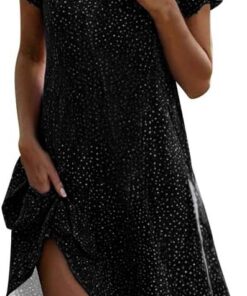 Vestido largo de verano, casual, holgado, cuello en V, manga corta, estampado de lunares, vestido camisero para mujer