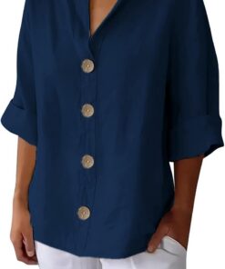 Camisa de Algodón y Lino con Botones para Mujer Verano Color Sólido Blusa Suelta de Manga 3/4 con Cuello en V Camiseta Elegante Tops Talla Grande tee Shirt Camisas Informal