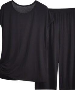 Conjunto de pijama modal de 2 piezas para mujer, manga casquillo, cuello redondo, pantalones capri de pierna ancha, color liso, ajuste holgado, talla grande, ropa de dormir de verano para uso diario