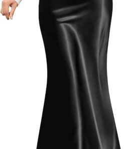 Falda midi de satén para mujer, falda acampanada de cintura alta con elegante dobladillo de sirena