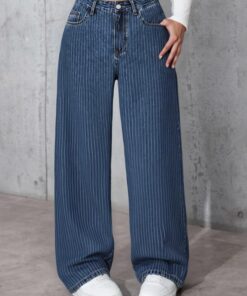 Pantalones vaqueros de cintura alta y pierna ancha para mujer, elásticos, holgados, casuales, holgados, con bolsillos