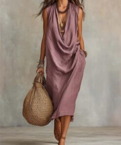 Vestido midi de lino para mujer, sin mangas, drapeado, cuello redondo, holgado, casual, bohemio, para vacaciones y playa, Púrpura, M