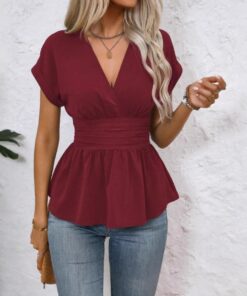 Blusa elegante con cuello en V para mujer, manga casquillo, elástica, fruncida, con volantes, elegante, blusa de verano de manga corta