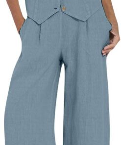 Conjuntos de Lino para Mujer, 2 Piezas, Blazer para Mujer, Trajes Formales de algodón y Lino, sin Mangas, Traje de Negocios, Chaleco con Cuello en V y Pantalones de Pierna Ancha, Conjunto Casual