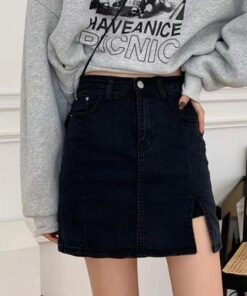Falda pantalón de mezclilla elástica de cintura alta para mujer, estilo Y2K, casual, de verano, con abertura lateral y pantalones cortos integrados