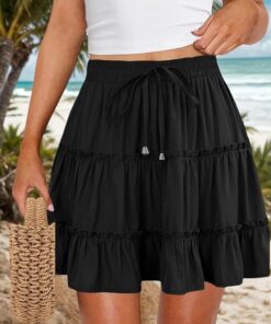Minifalda con volantes florales para mujer, cintura alta, acampanada, falda corta escalonada con cordón, estilo casual dulce
