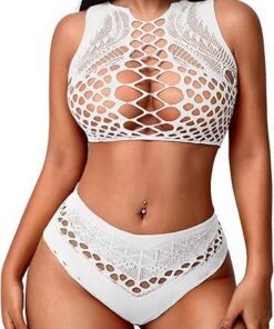 Conjunto de 2 piezas de lencería sexy sin mangas para mujer, malla de malla hueca, ropa de playa transparente, conjunto de traje de baño de verano