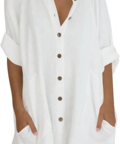 Camisas largas de manga 3/4 para mujer, estilo casual, holgadas, con botones, cuello alto, túnica con bolsillo, blusa ligera de lino y algodón para verano, para playa, tallas grandes, 22/24 en