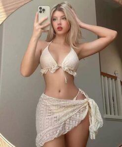 Conjunto de bikini triangular de 3 piezas para mujer con falda de cobertura beige con volantes, micro bikini con lazo lateral y pareo (M)