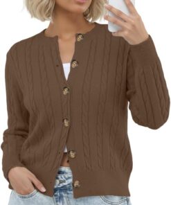 GRECERELLE Cárdigan suave de manga larga para mujer, cuello redondo, informal, con botones, para mujer, para otoño e invierno