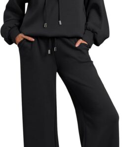 AUTOMET Conjuntos de descanso para mujer, trajes de 2 piezas para otoño, sudadera con cordón, pantalones deportivos de pierna ancha